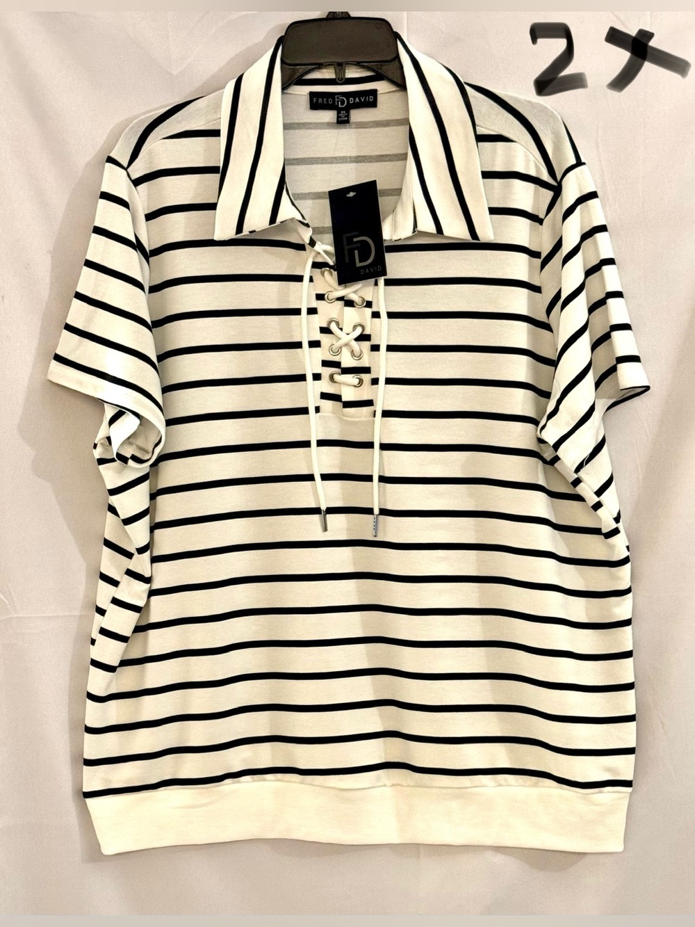 Fred David Black and White Striped Lace-Up Polo Top